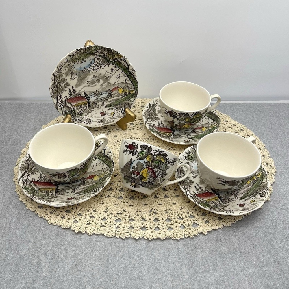 Vintage 1955 J & G Meakin Welcome Home Cups & Saucers Hand Painted Discontinued